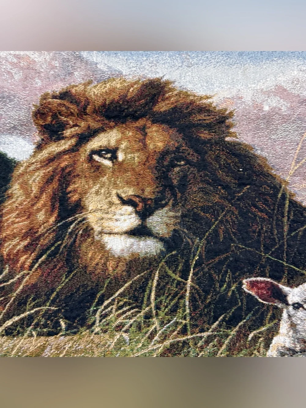 N. Glaxier Lion and Lamb Tapestry Wall Hanging Psalms 4:8 Christian 36x26